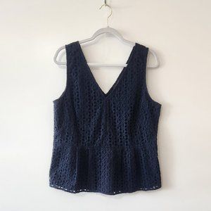 Ann Taylor Dark Navy Blue Eyelet Lace Sleeveless Peplum Top Size 14
